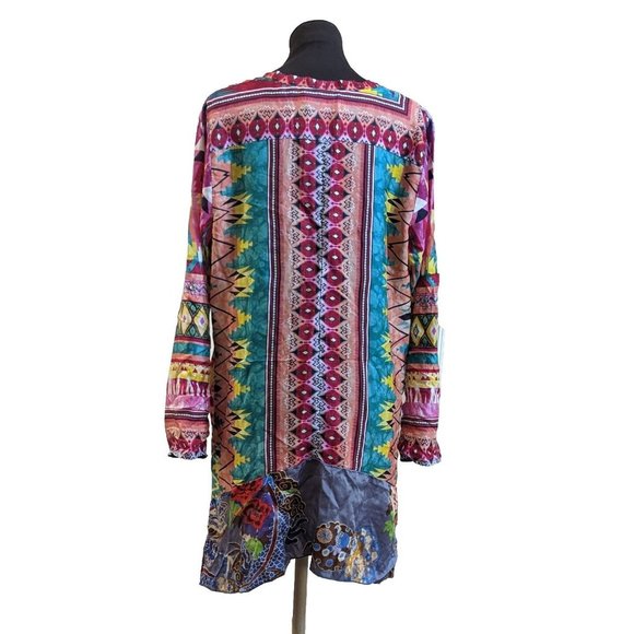 Johnny Was Kamelia Mixed Print V-Neck Button Front 100% Silk Blouse M - Picture 3 of 12